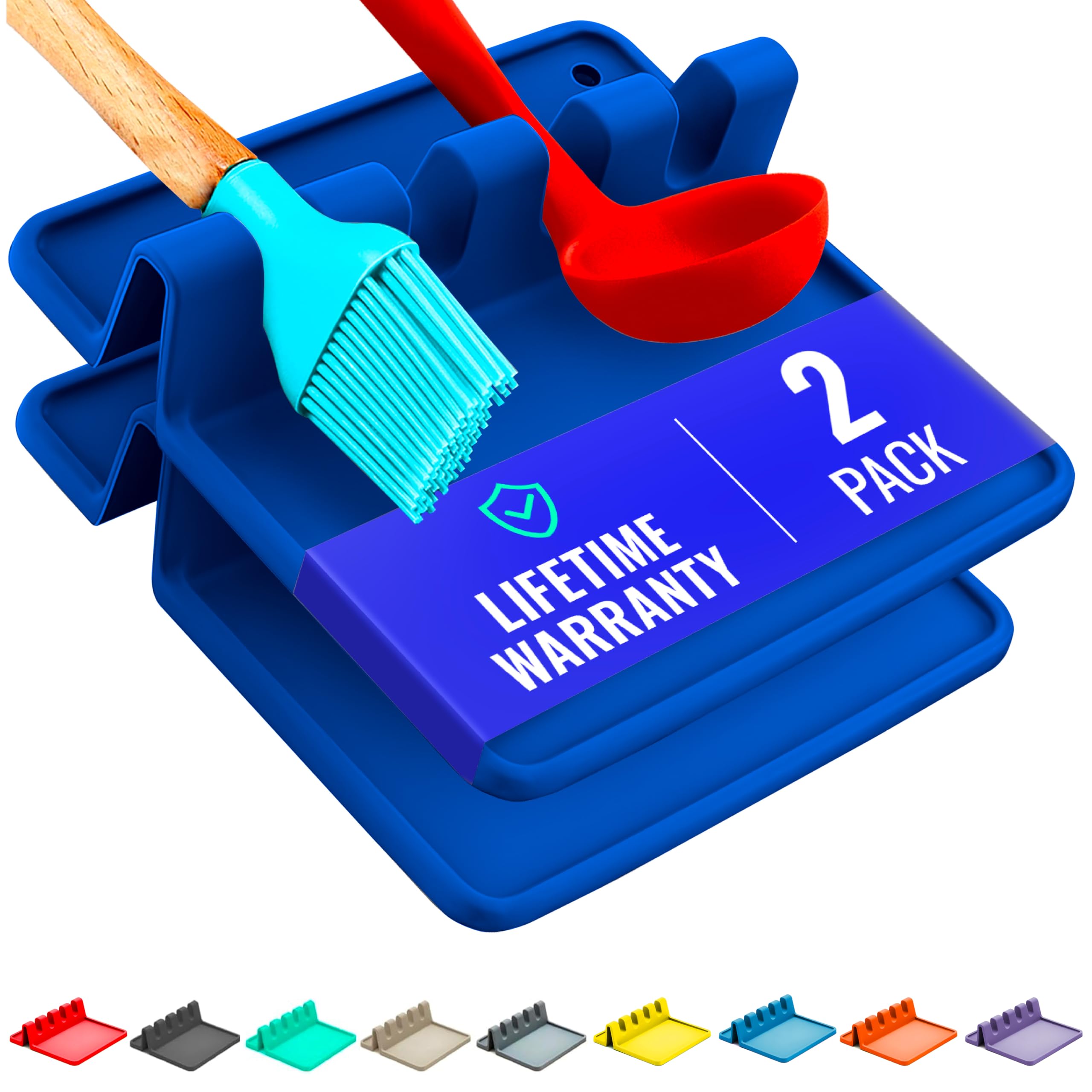 Cooler Kitchen blue silicone spoon rest with drip pad in a two-pack keeps counters clean
