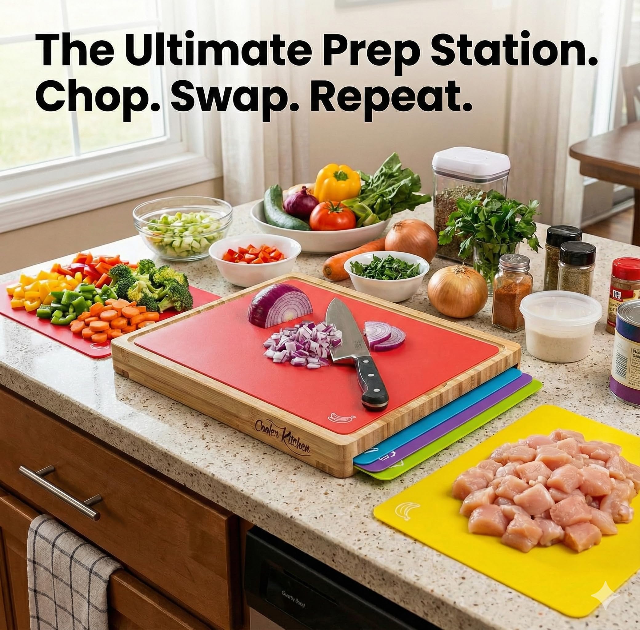Cooler Kitchen color-coded mats in six colors prevent cross-contamination during prep