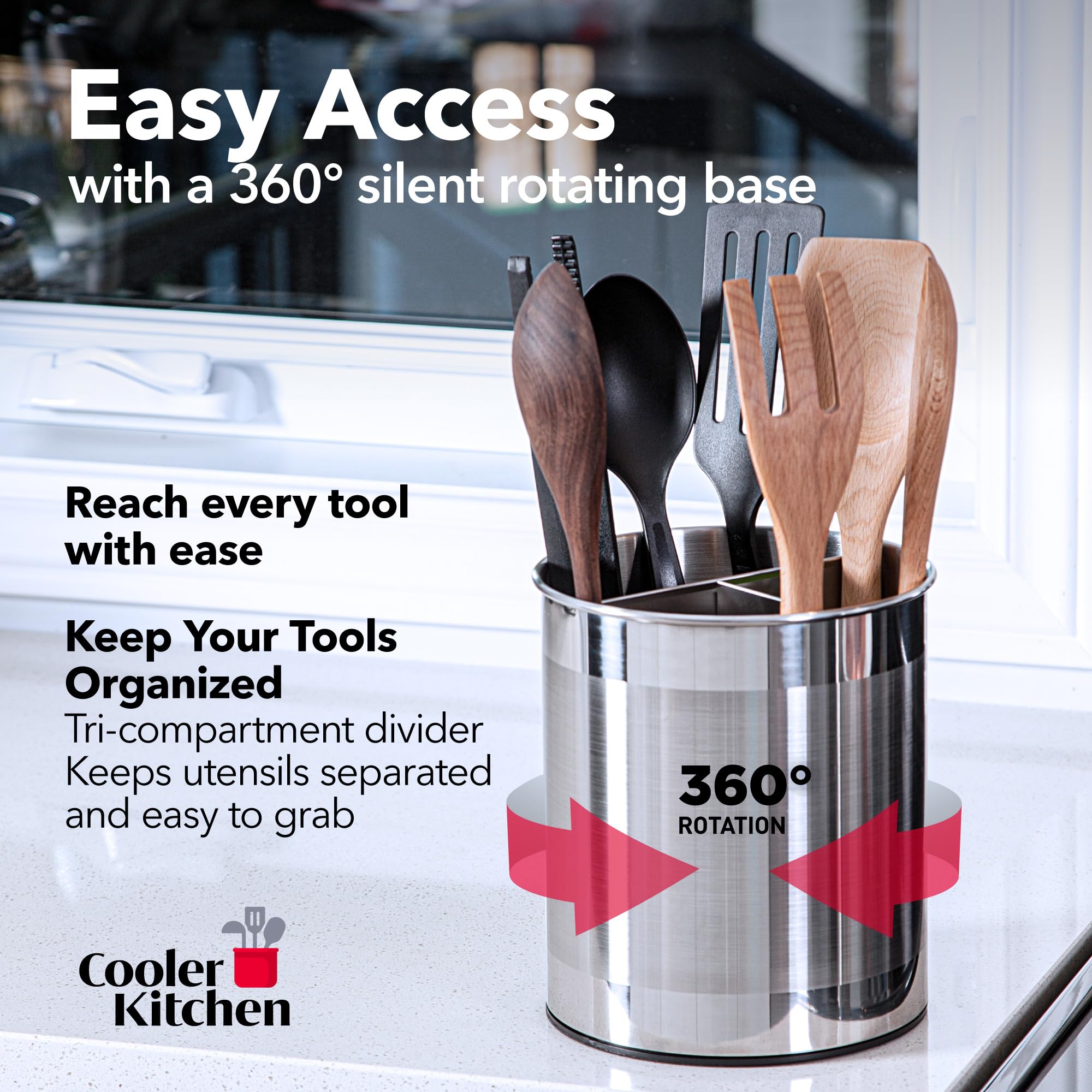 Cooler Kitchen extra-large 7 inch diameter holds many utensils to reduce clutter.