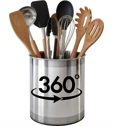 Cooler Kitchen rotating utensil caddy keeps spoons and spatulas within easy reach.