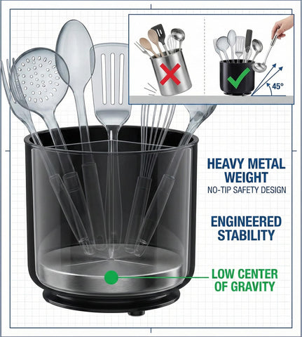 Cooler Kitchen rust-proof and dishwasher safe utensil holder for easy cleaning.