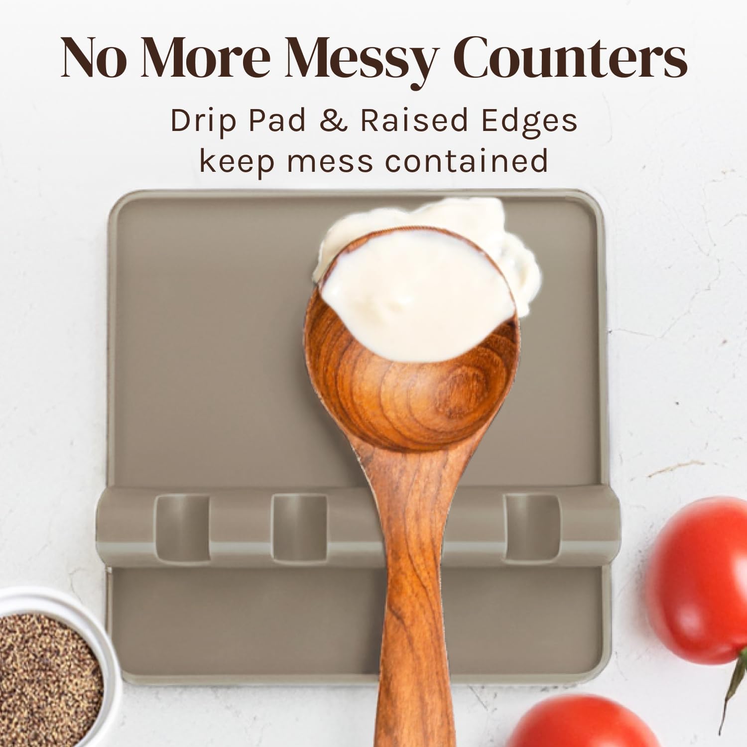 Cooler Kitchen silicone utensil rest with drip pad catches spills.