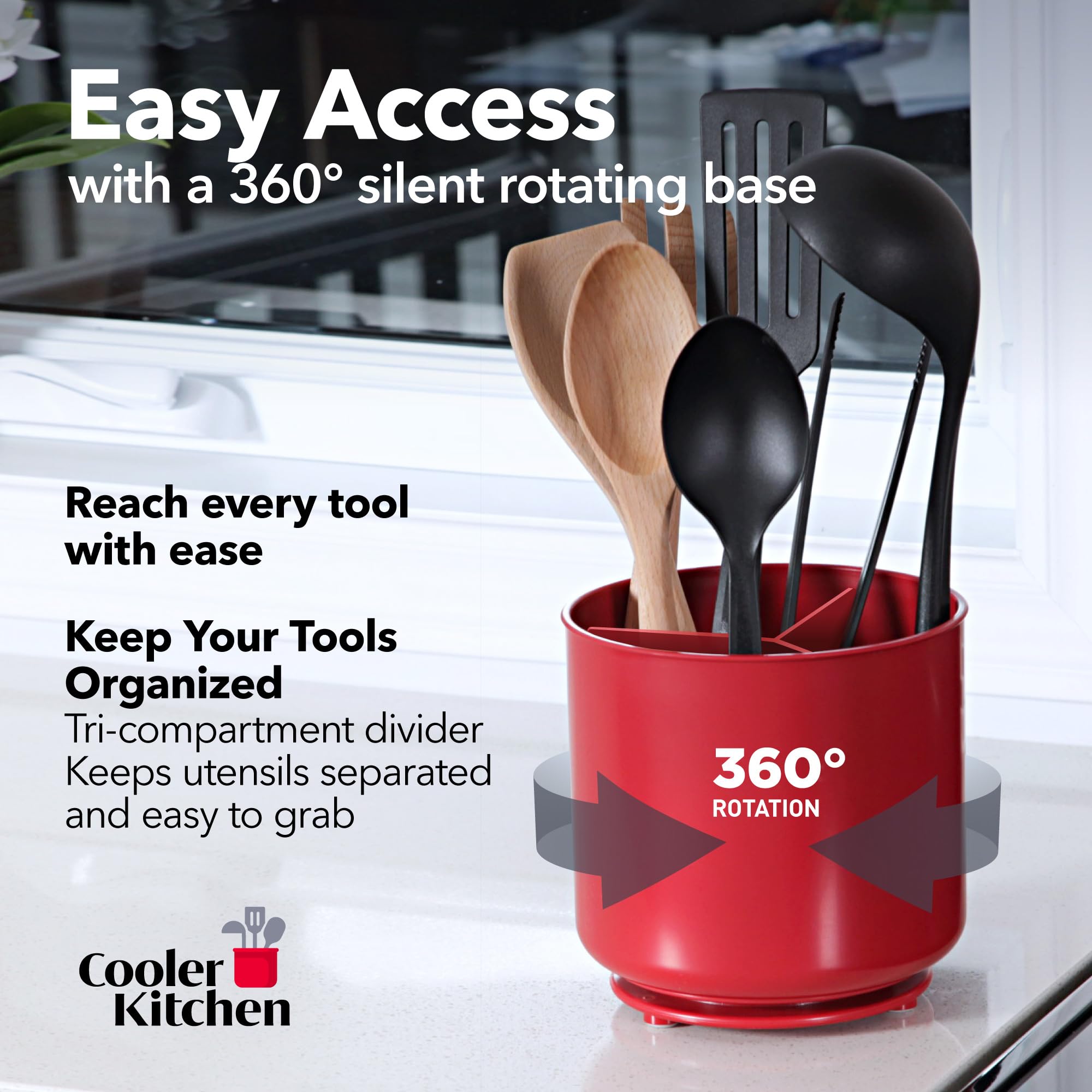 Cooler Kitchen weighted base prevents tipping during active cooking.
