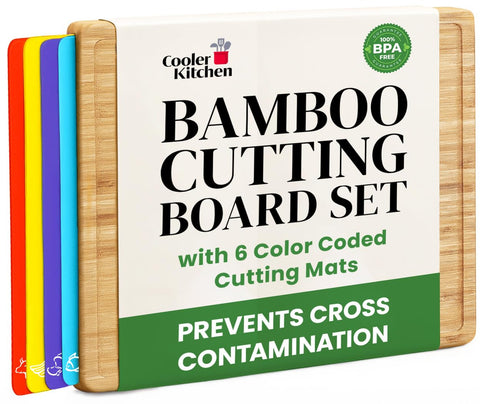 Cooler Kitchen wooden cutting board set with bamboo construction and a sturdy holder for organized prep.