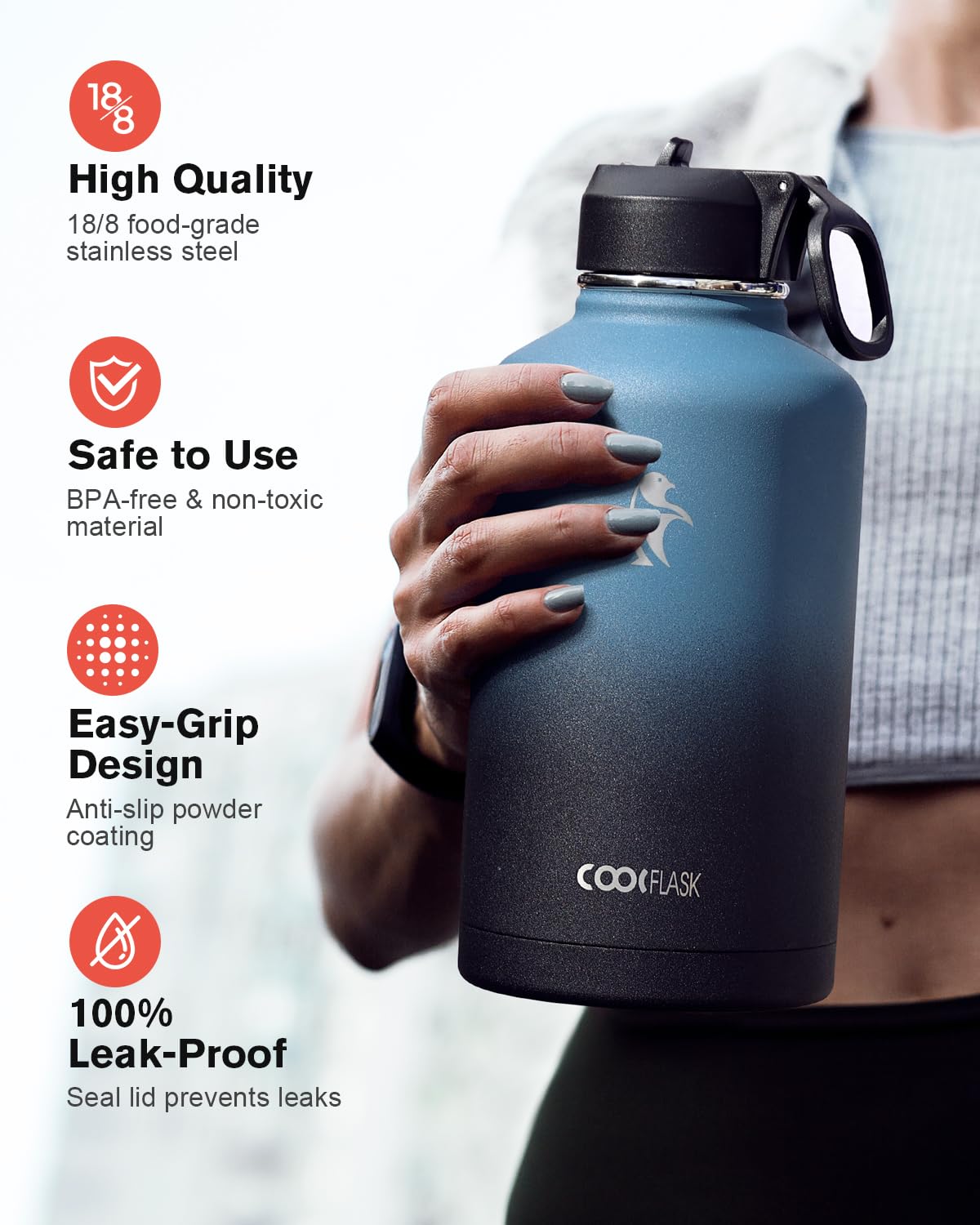 Coolflask rustproof stainless steel finish resists corrosion and preserves beverage freshness.
