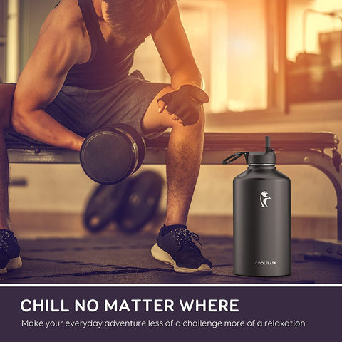 Coolflask gallon bottle 128 oz capacity reduces refills during trips.