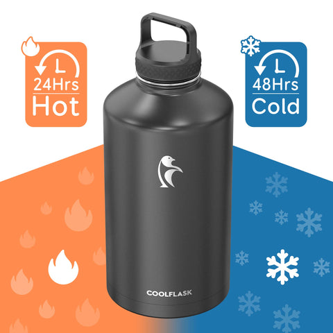 Coolflask gallon bottle with screw-on lid and handle for portable refills.