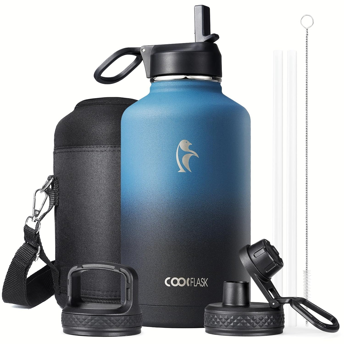 Coolflask half-gallon bottle with wide mouth for easy filling and cleaning.