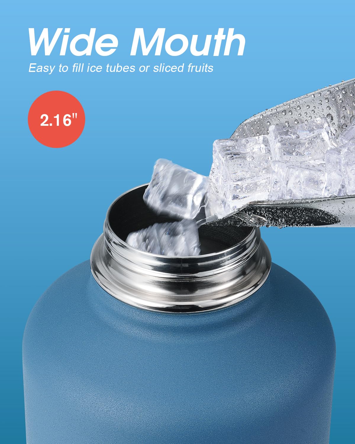 Coolflask screw-on lid with flip-up handle for easy ice refilling.