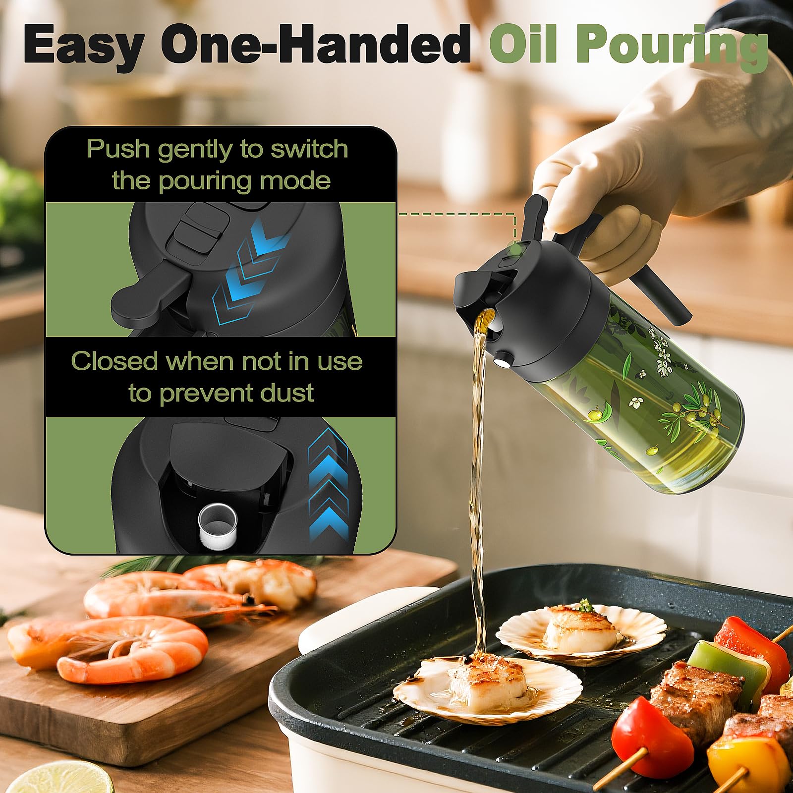 COOLMI glass oil bottle in dark green protects freshness and blocks light.
