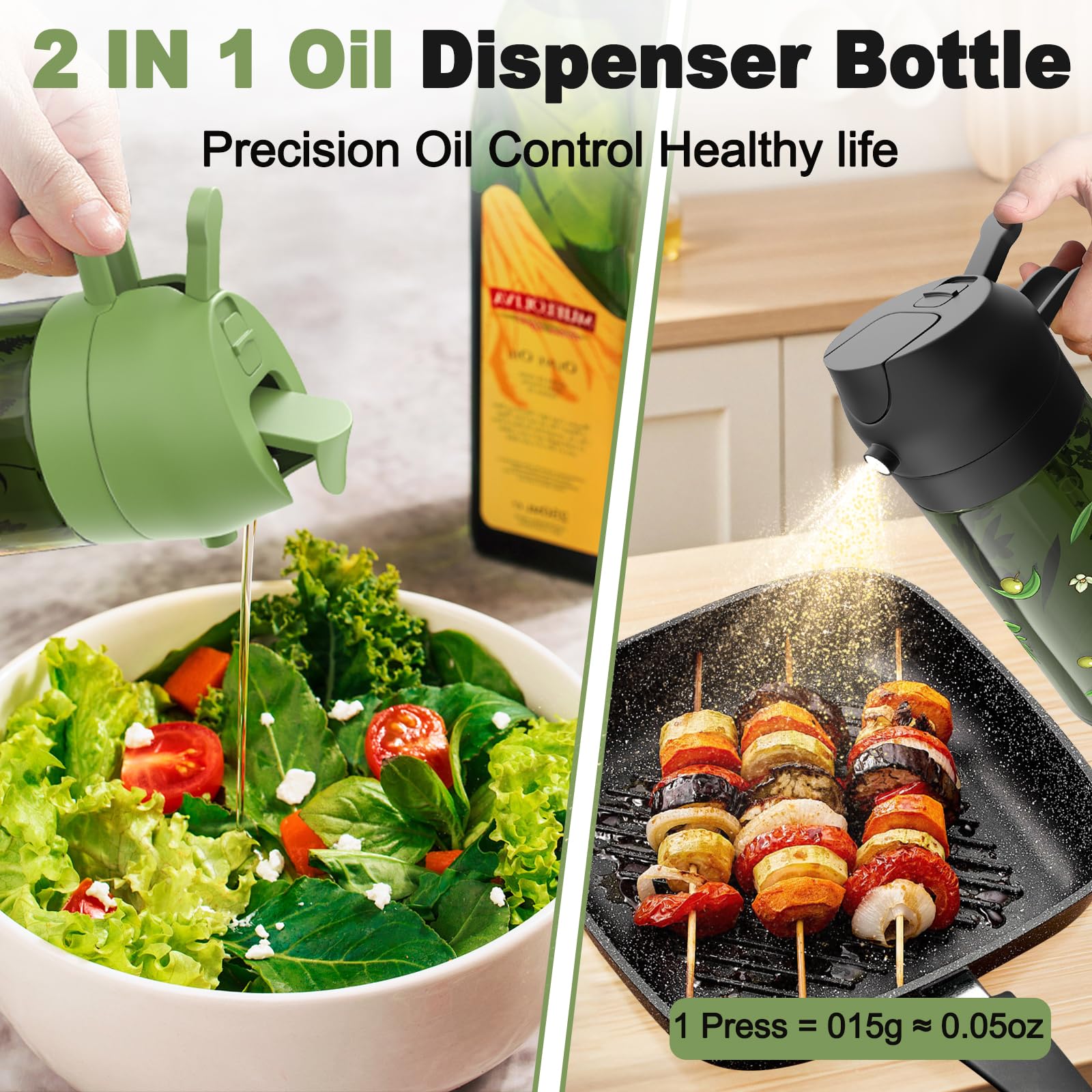 COOLMI olive oil sprayer shows 0.2 g per press for consistent dosing.