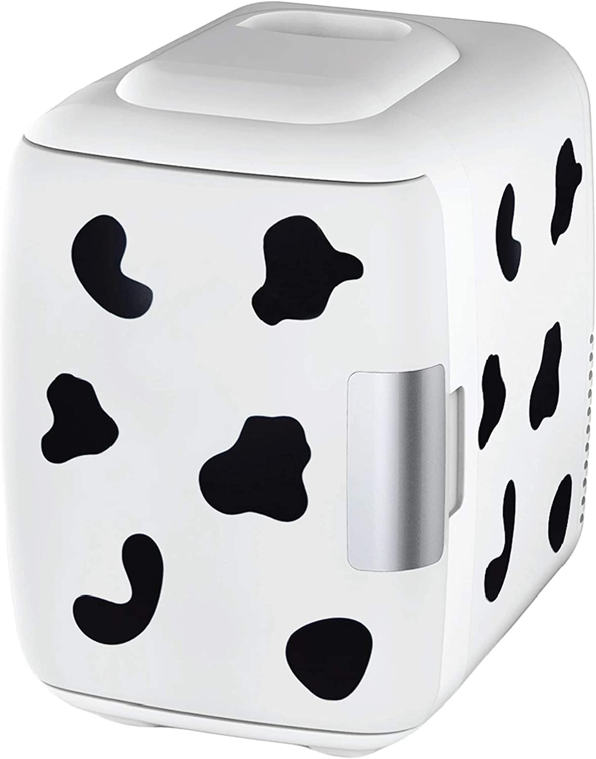 Cooluli 4L cow-print mini fridge on a bedroom shelf for skincare and beverages.