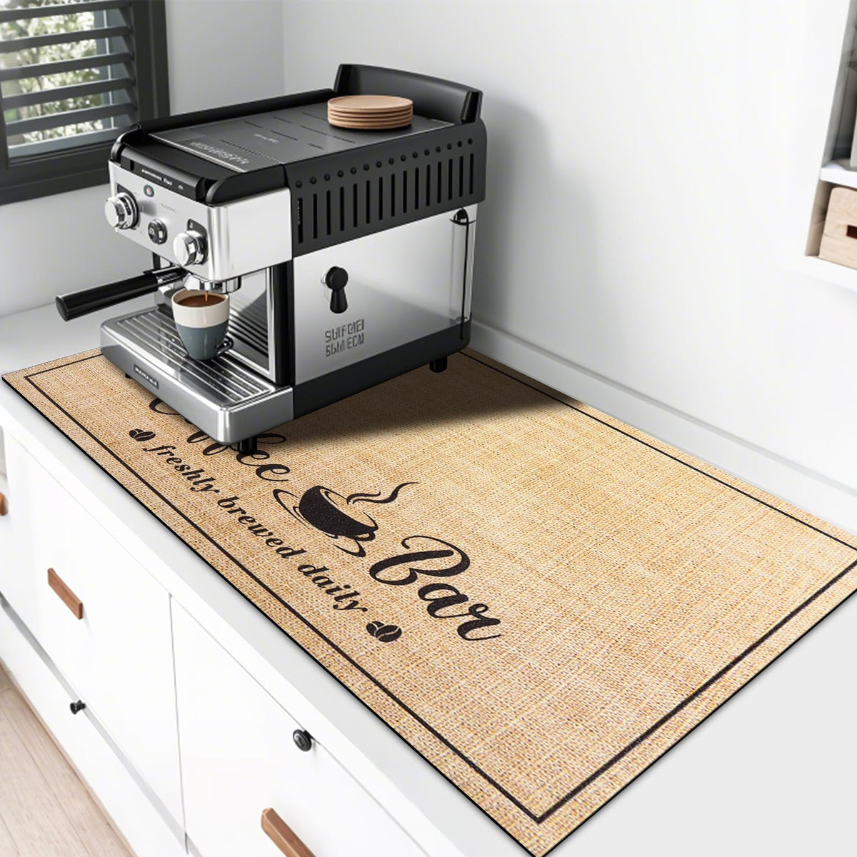 CooRug absorbent coffee mat with beige pattern for spills at the coffee bar