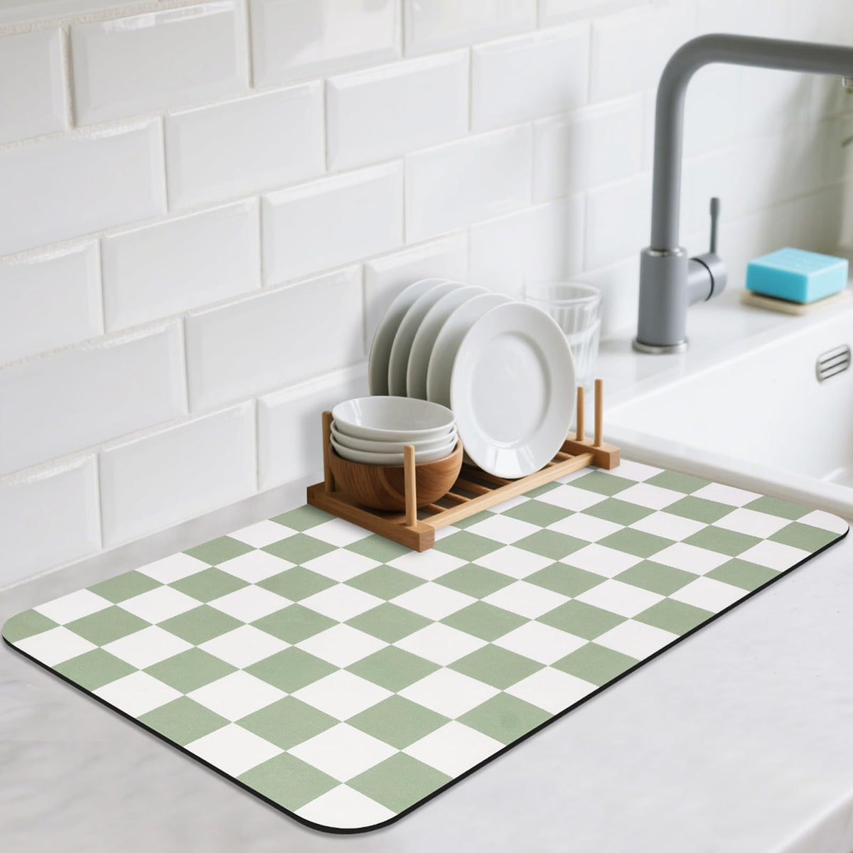 CooRug checkered dish drying mat in green absorbs moisture quickly for a clean counter