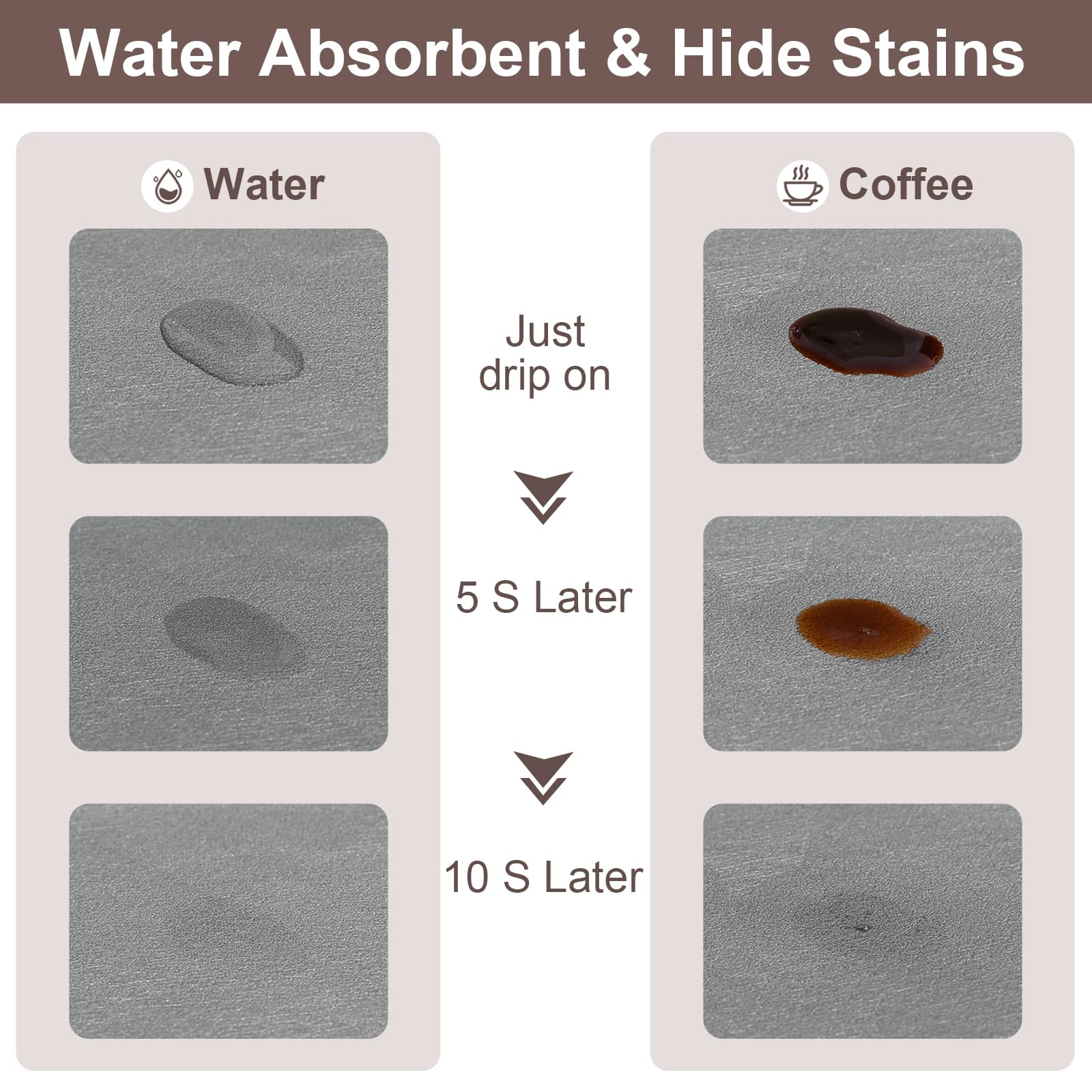 CooRug coffee bar mat on counter demonstrates rapid spill absorption.