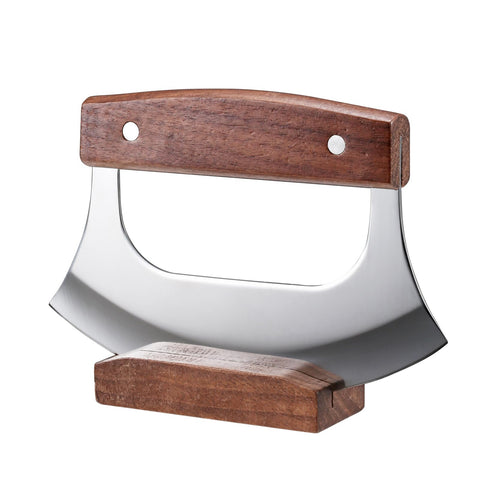 Coowolf Ulu knife curved blade ready for quick slicing of herbs and vegetables.
