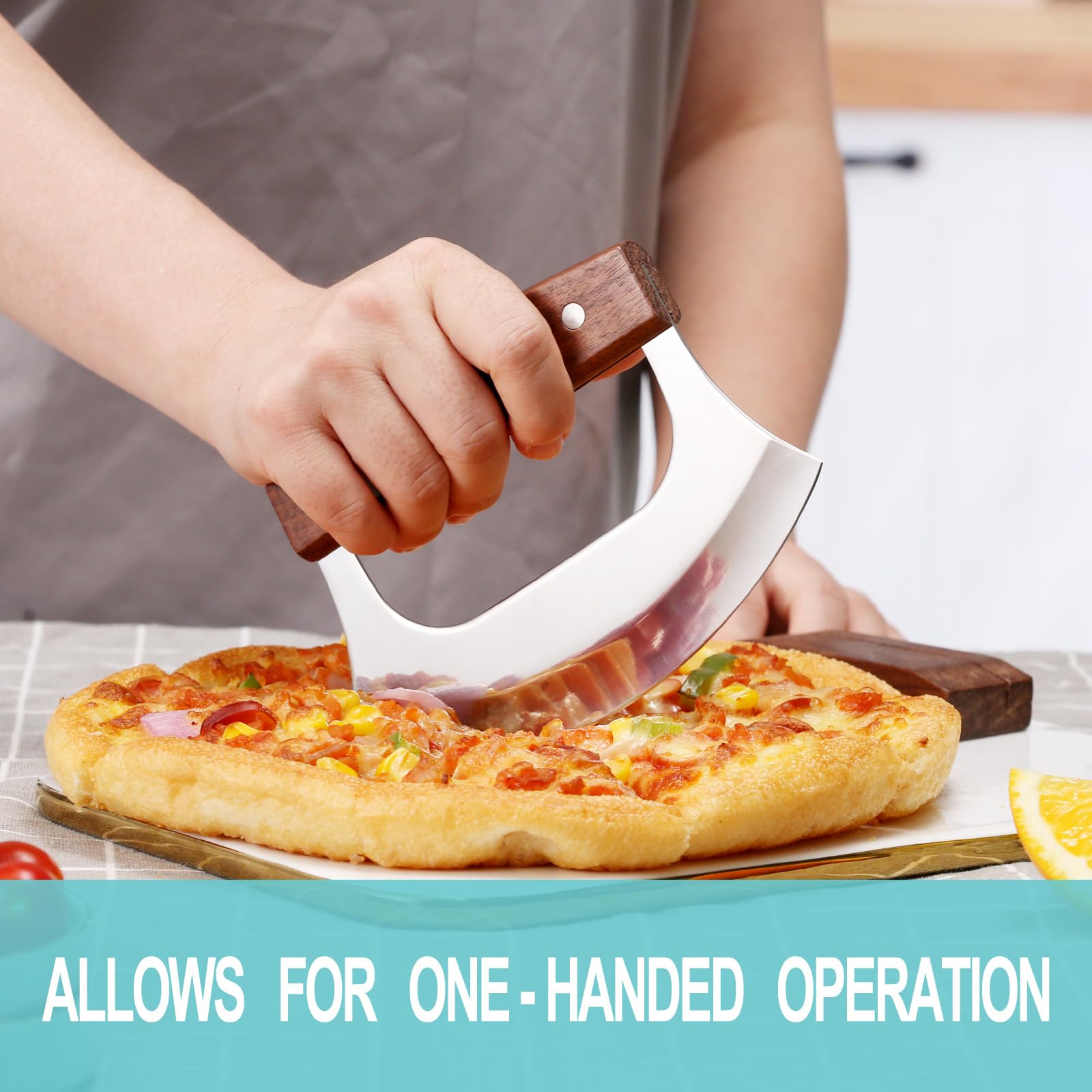 Coowolf Ulu knife for precise meat slicing and even cuts.