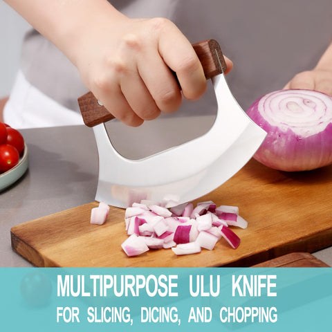 Coowolf Ulu knife with walnut stand for safe upright storage.