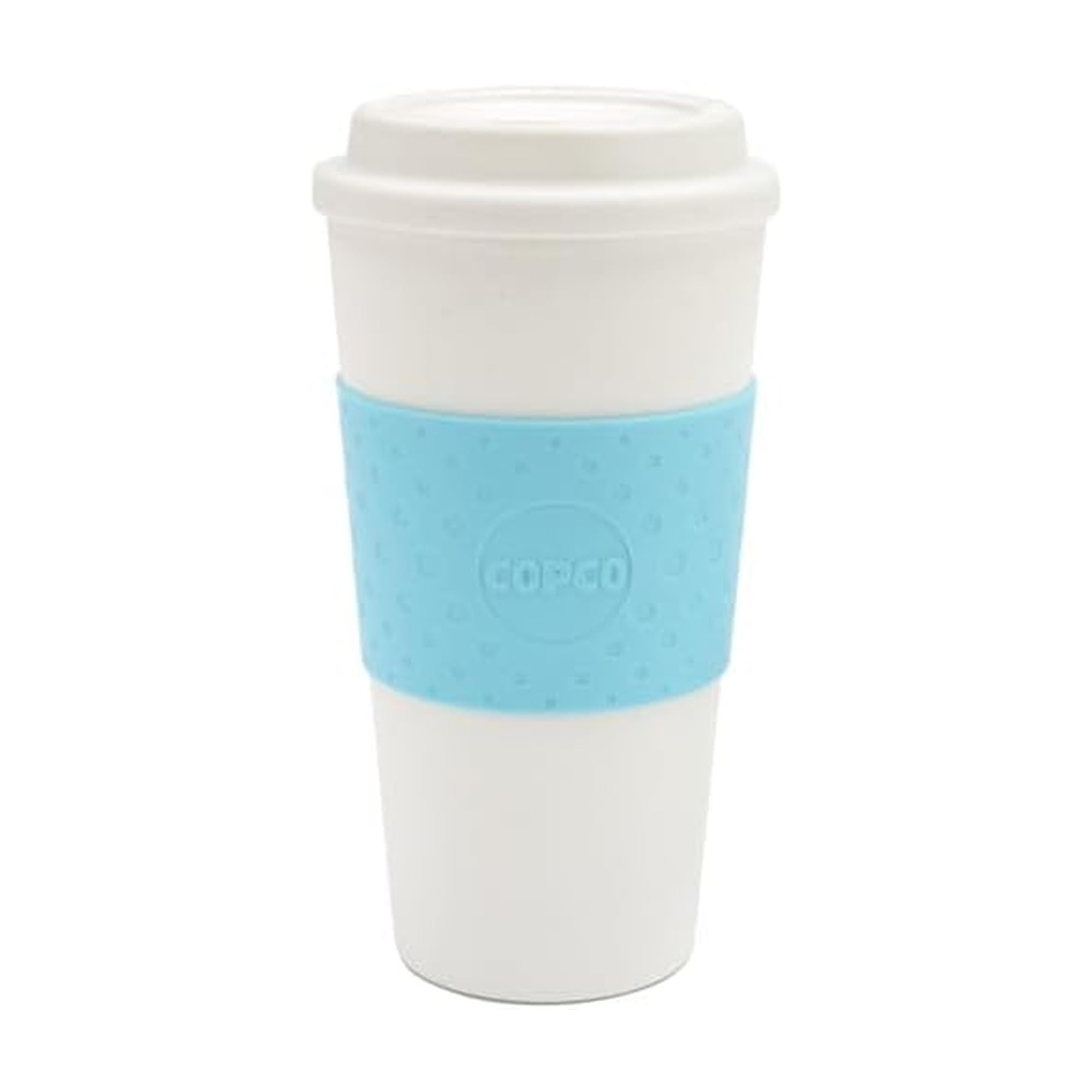Copco Acadia 16 oz travel mug with azure blue finish and leak-proof lid for on-the-go beverages.