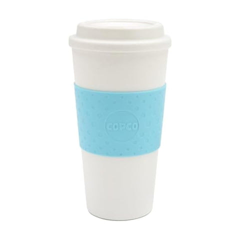Copco Acadia 16 oz travel mug with azure blue finish and leak-proof lid for on-the-go beverages.