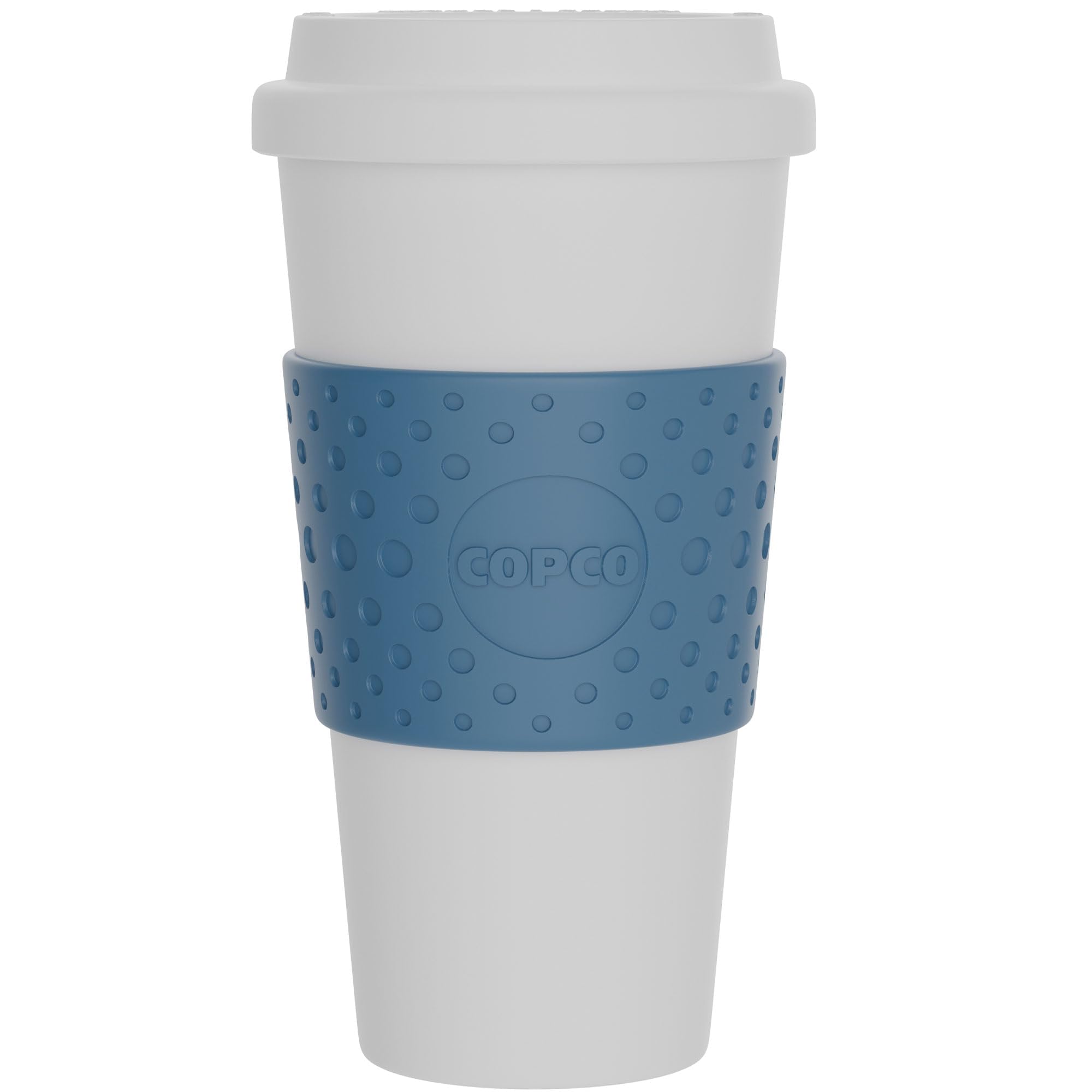 Copco Acadia 16oz travel mug blue, side view with double-walled insulation.
