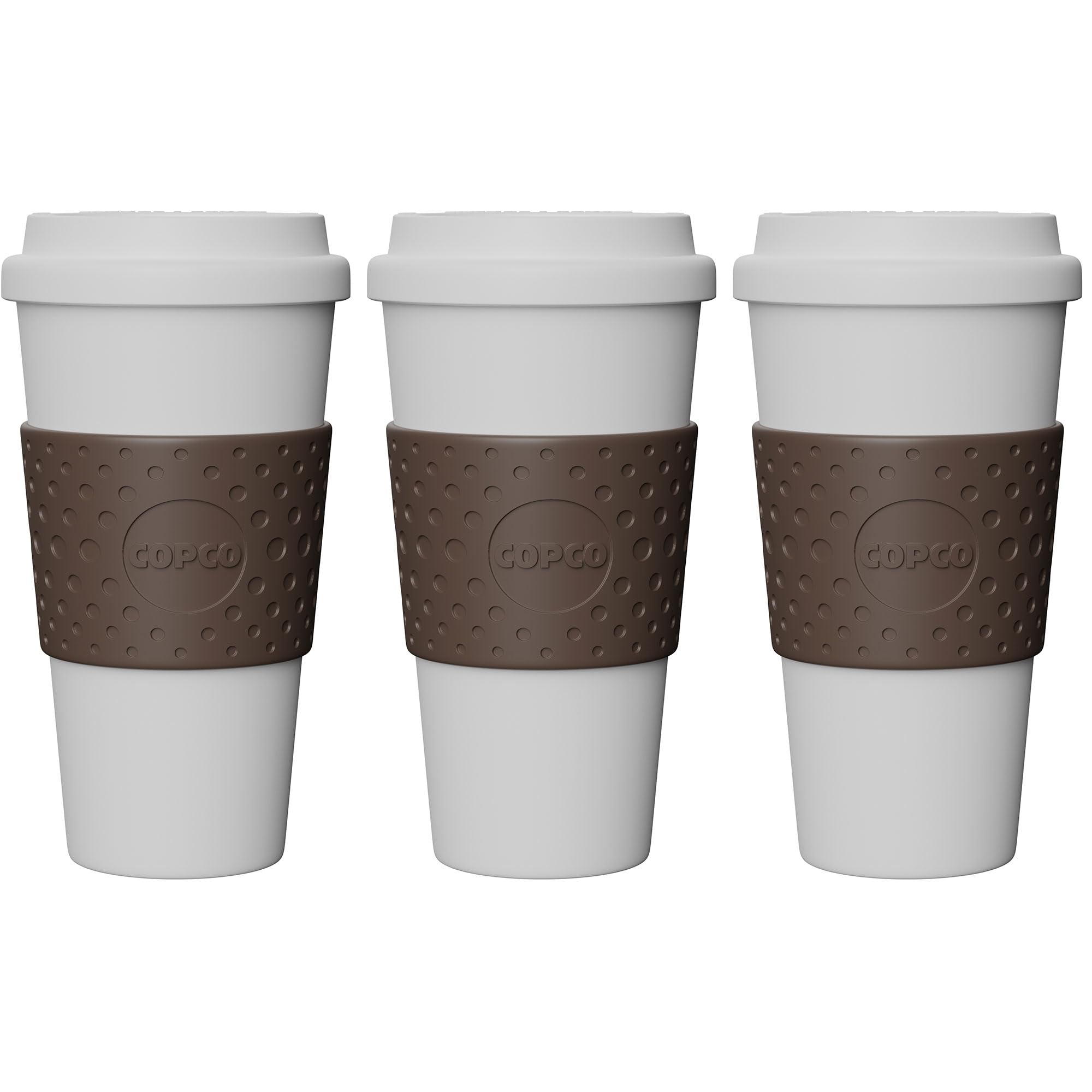 Copco Acadia 16oz travel mug brown body; durable and portable for daily coffee on the go.