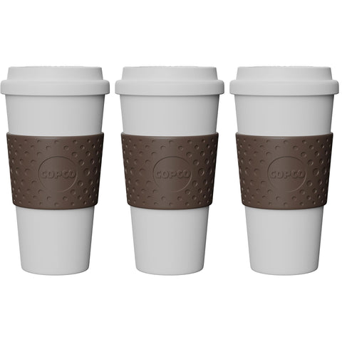 Copco Acadia 16oz travel mug brown body; durable and portable for daily coffee on the go.