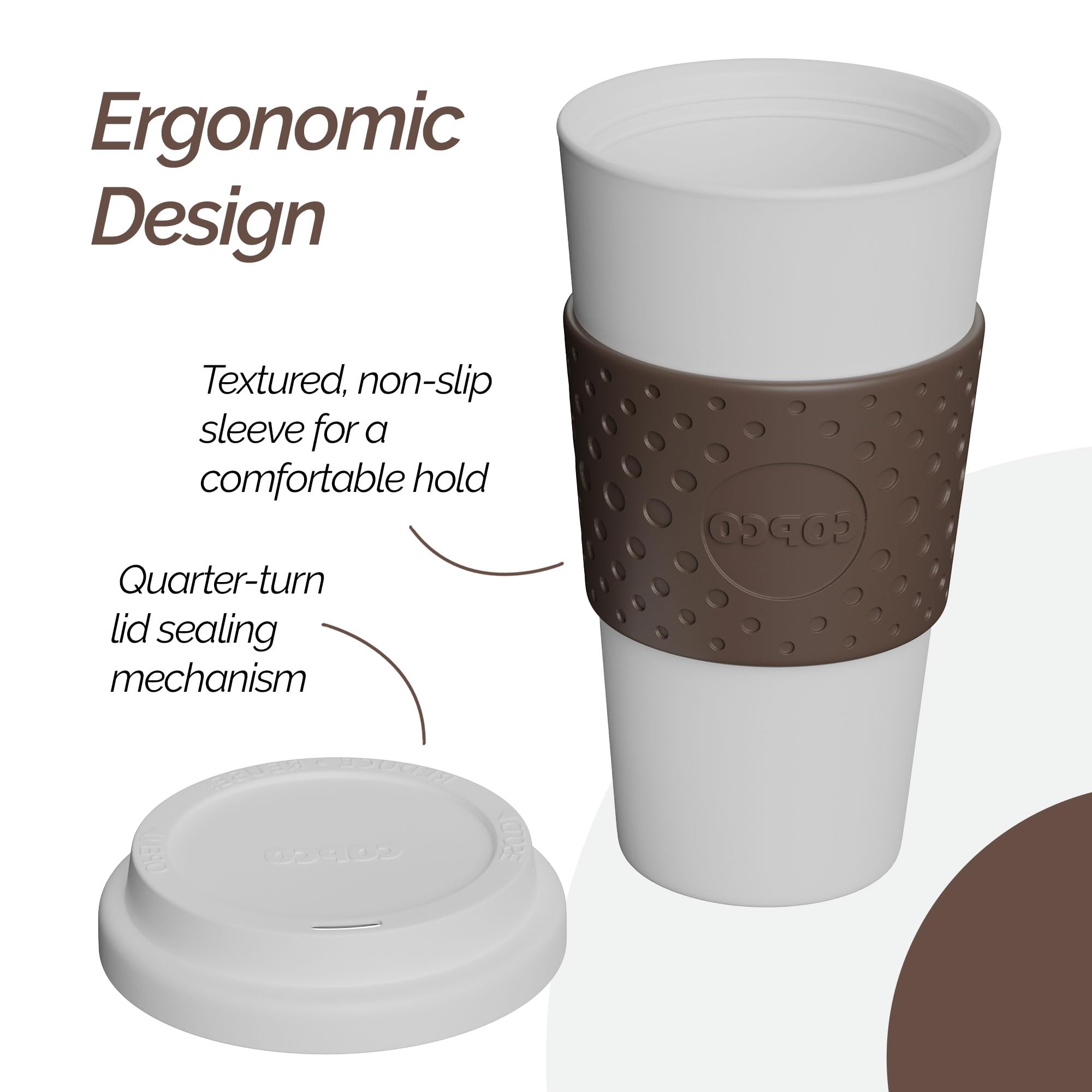 Copco Acadia 16oz travel mug fits most cup holders for car or desk use.