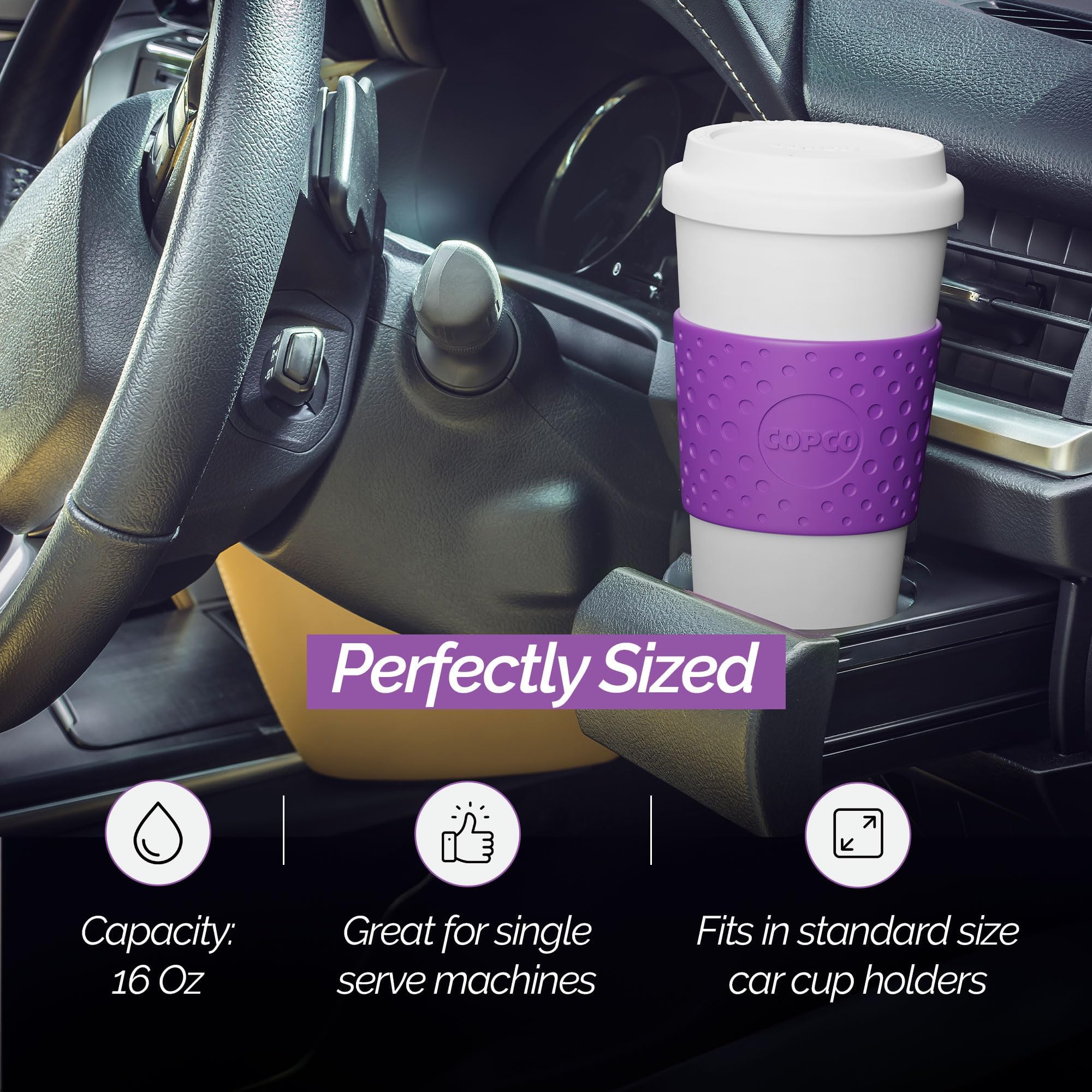 Copco Acadia compact mug fits most car cup holders for on-the-go use