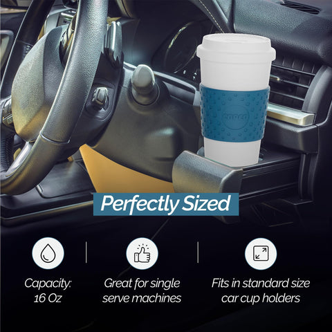 Copco Acadia blue travel mug in use in car cup holder.