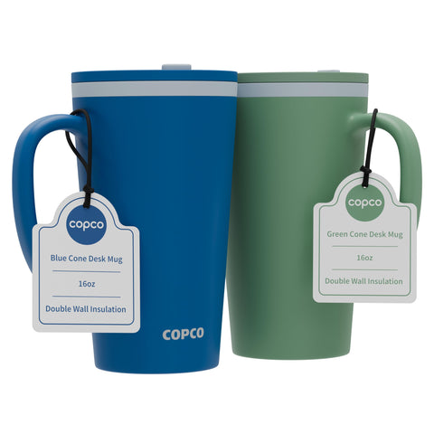 Copco Cone travel mug 16 oz blue green with leak-resistant lid for spill-free desk sipping