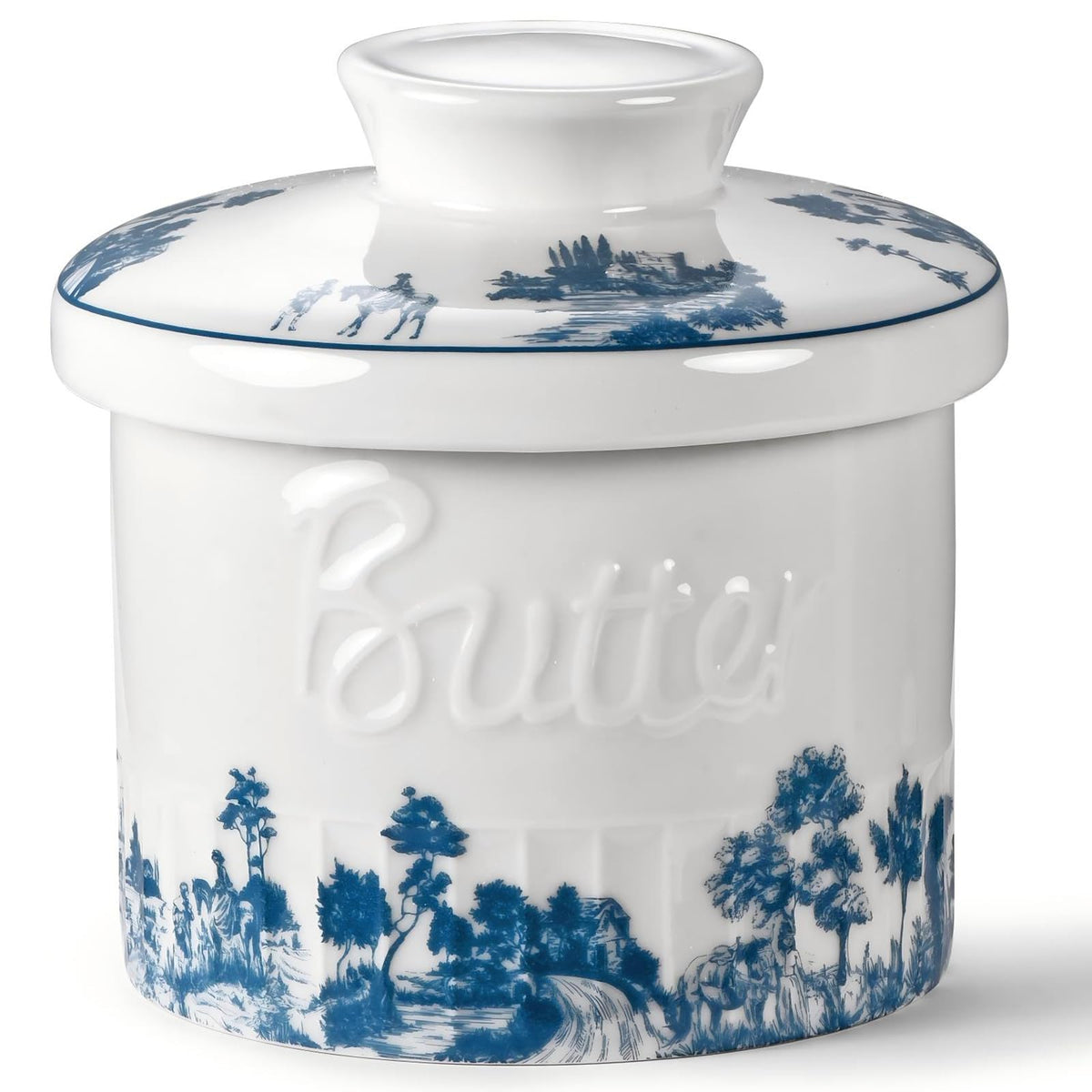 COPORISO forest blue butter crock with lid on keeps butter fresh at hand