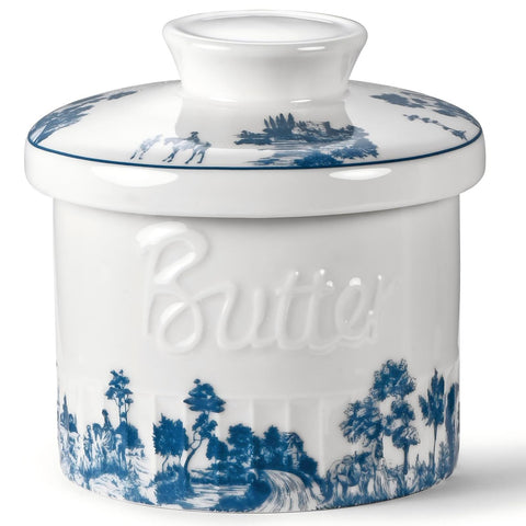 COPORISO forest blue butter crock with lid on keeps butter fresh at hand