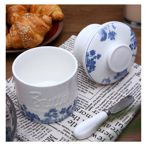 COPORISO forest blue crock close-up reveals unique relief design and decor appeal