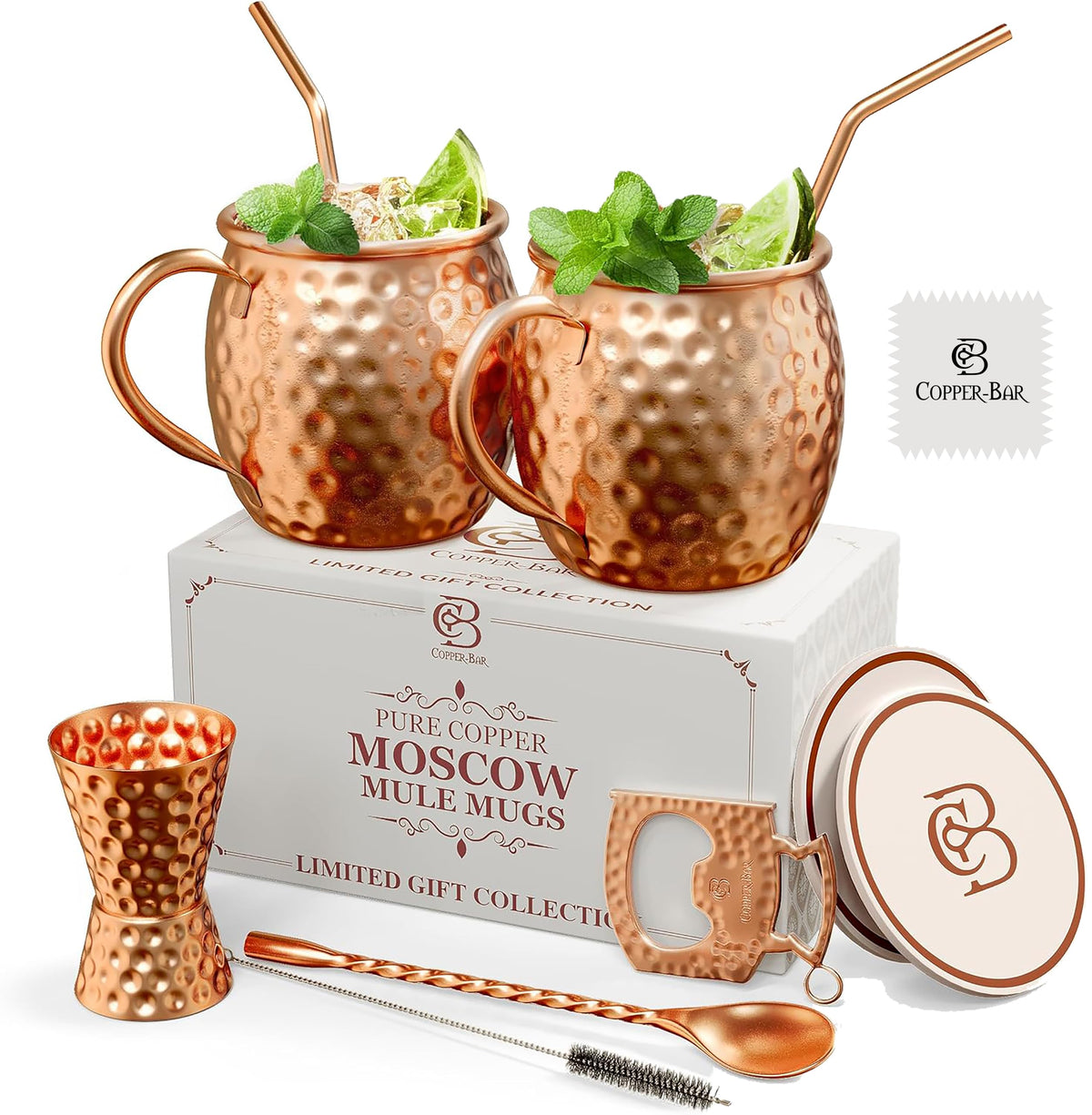 Copper Bar Moscow Mule cups hammered: durable, stylish mugs for chilling drinks.