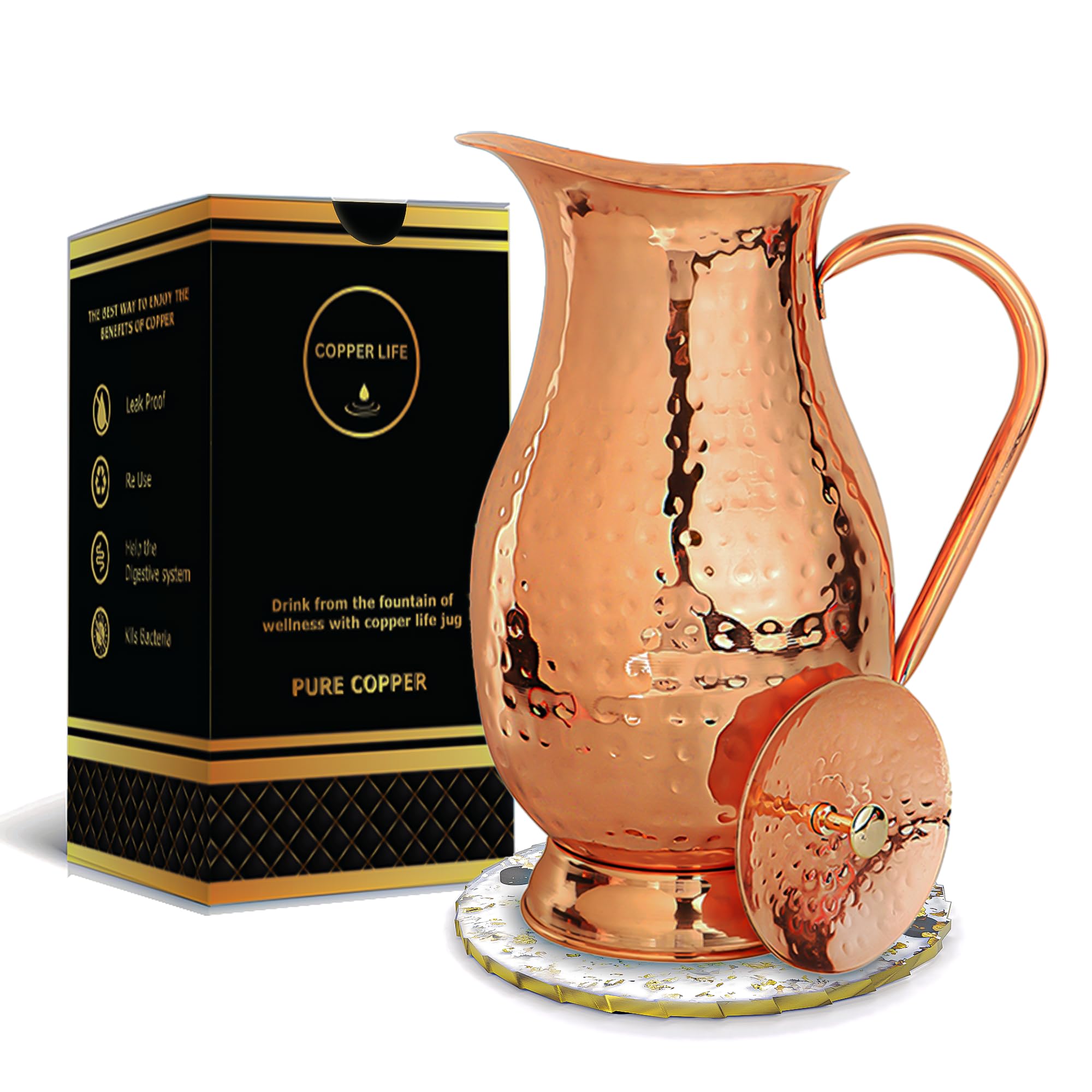Copper Life pitcher hammered 70oz with lid for durable daily hydration
