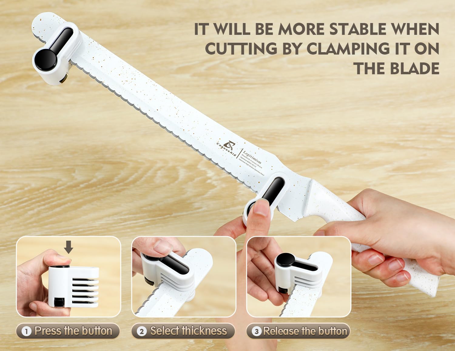 CoquusAid crusty bread slicing in action reduces crumbs and waste.