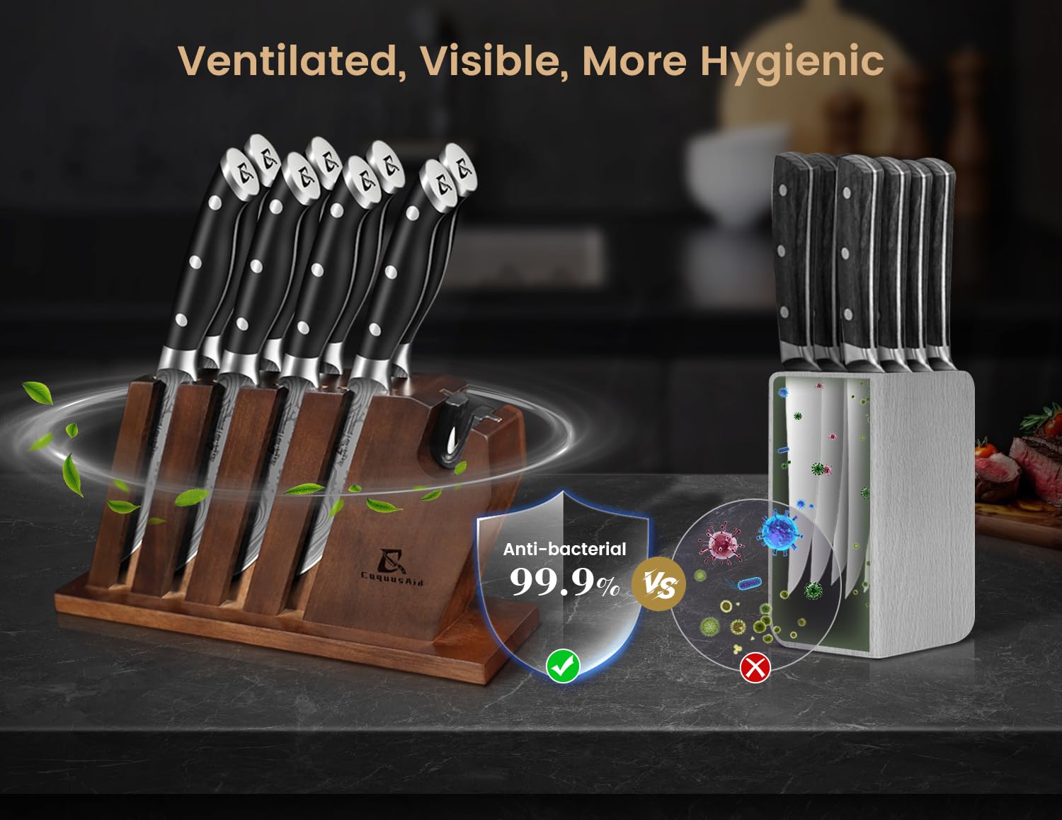 CoquusAid Damascus pattern blades on a full tang for strength and aesthetics