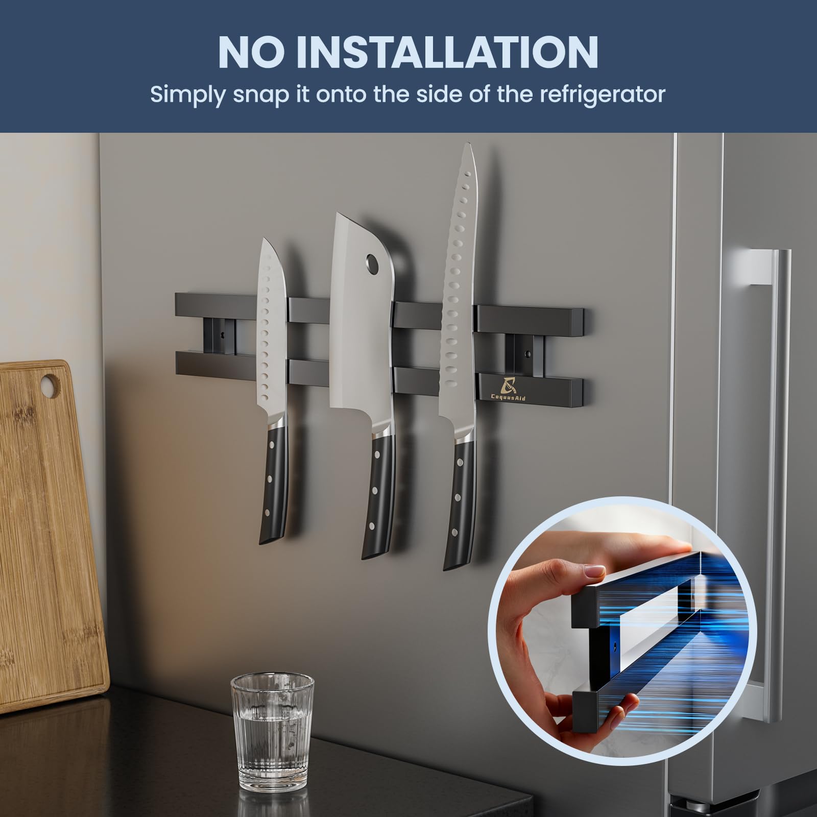 CoquusAid dual magnetic strips ensure even grip on knives and tools for tidy counters