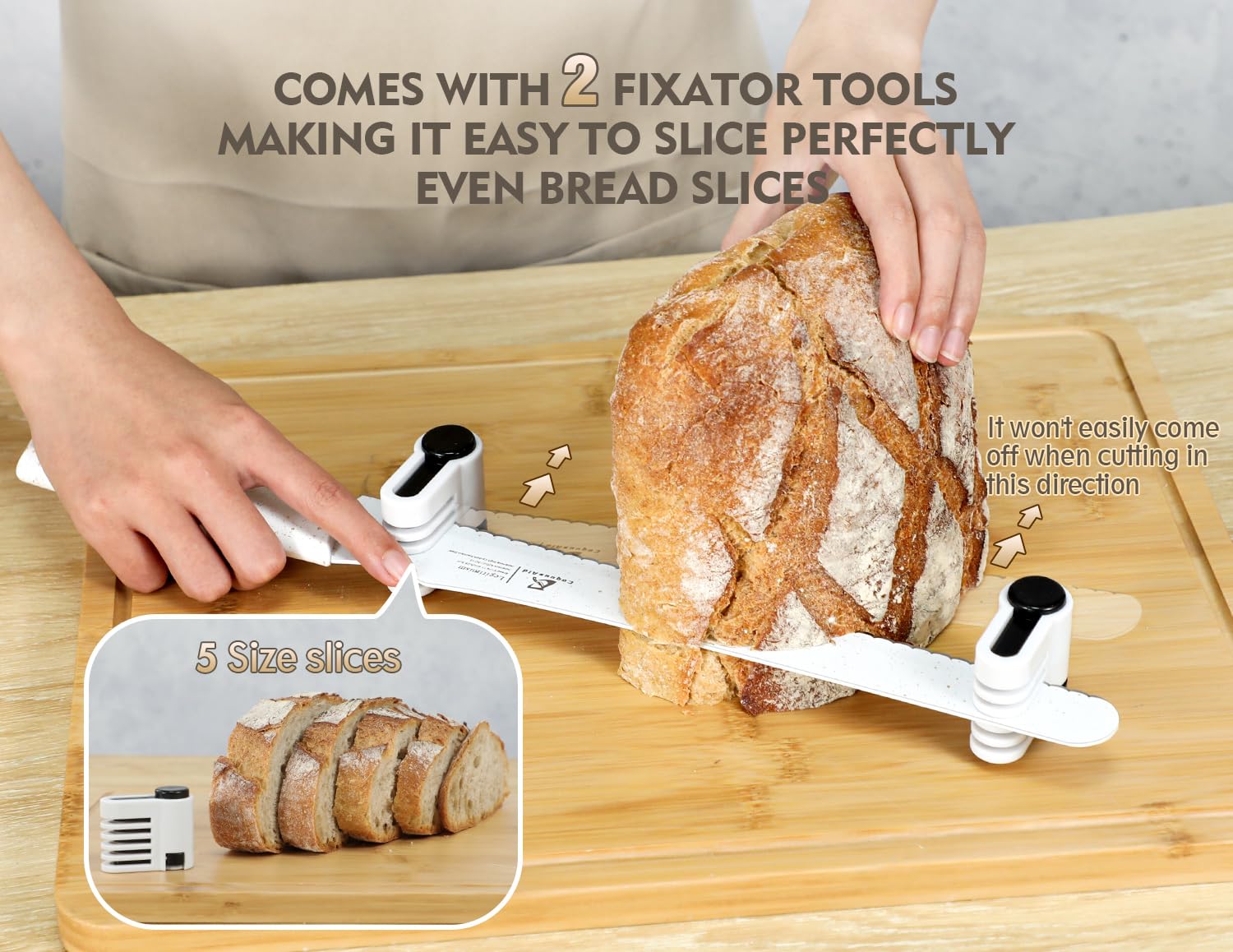 CoquusAid versatile tool for slicing large fruits and meats beyond bread.