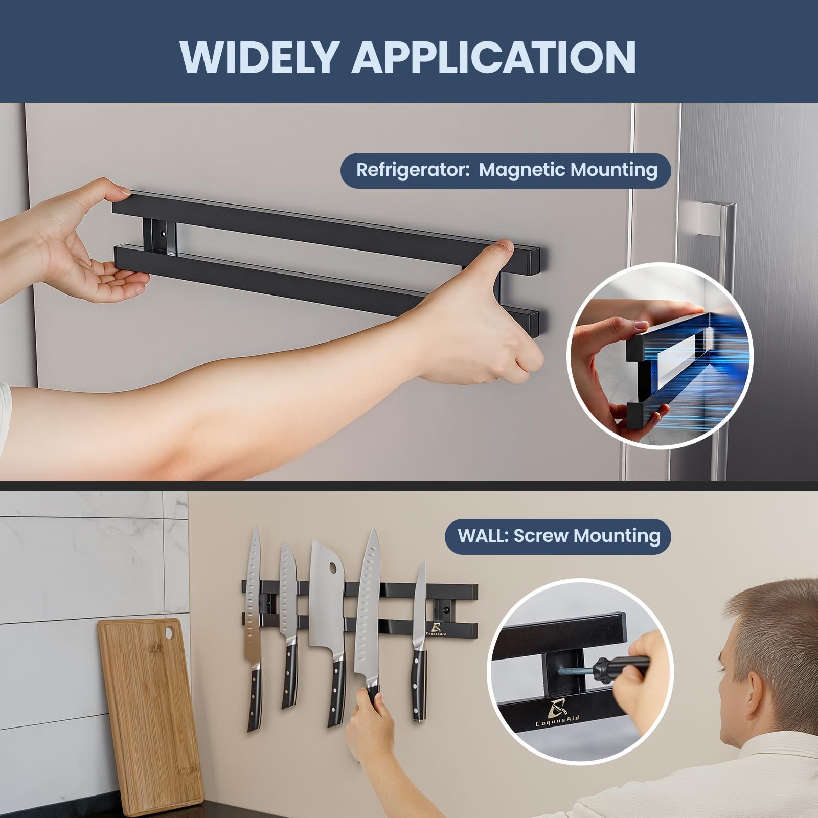 CoquusAid magnetic strip doubles as spice rack and utensil organizer for small kitchens
