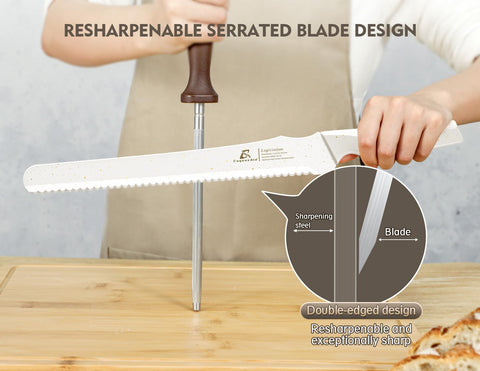 CoquusAid knife with razor-sharp serrated blade for effortless bread cutting and minimal crumbs.