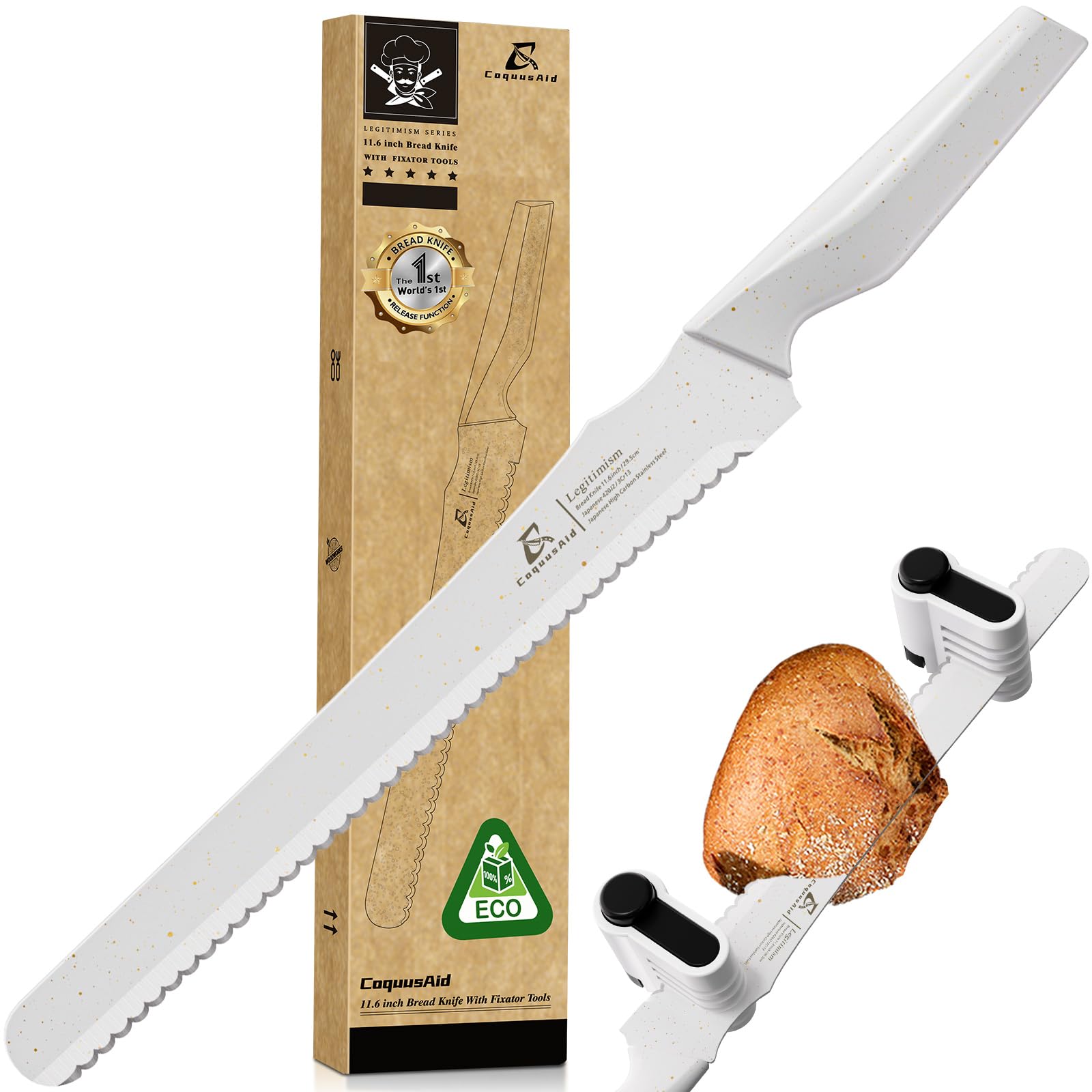 CoquusAid resharpenable bread knife close-up shows razor-sharp serrations for clean slices.