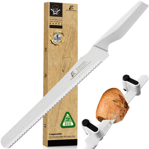 CoquusAid resharpenable bread knife close-up shows razor-sharp serrations for clean slices.
