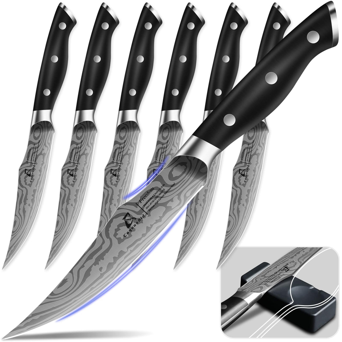 CoquusAid steak knife 6-piece full-tang blade for balanced cutting.