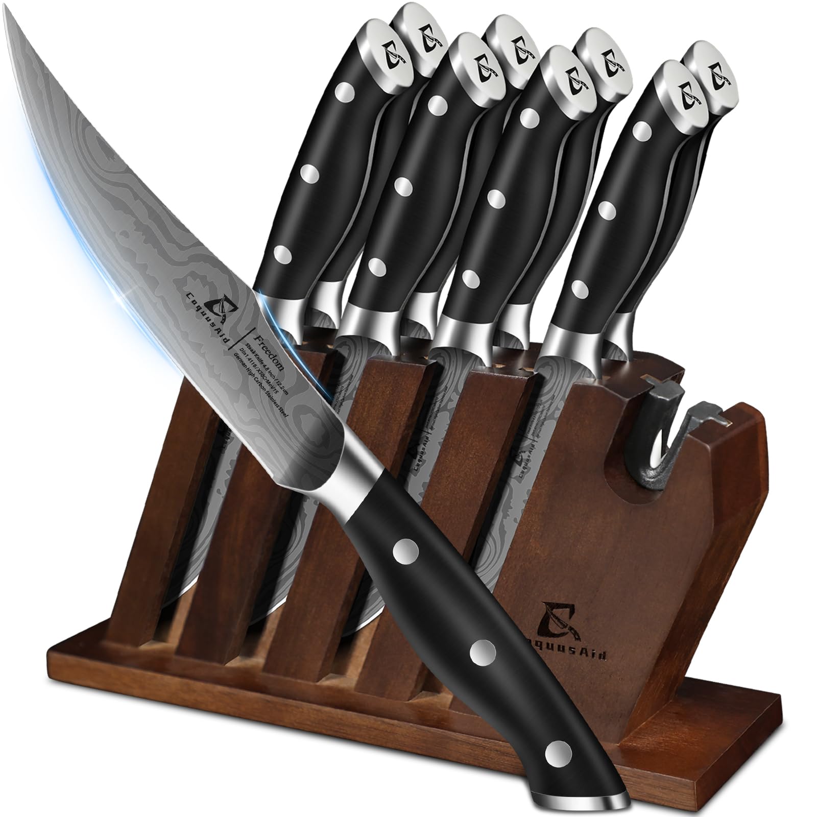 CoquusAid steak knives in a ventilated block with built in sharpener for ready to cut meals
