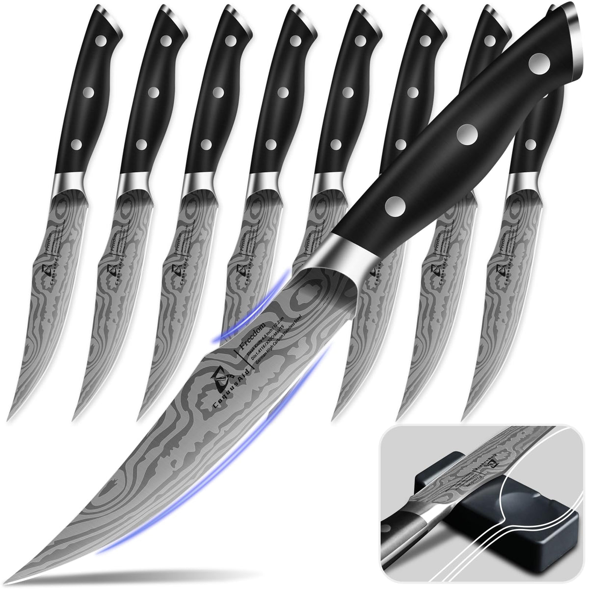 CoquusAid steak knives set8 blade damascus pattern for premium dining.