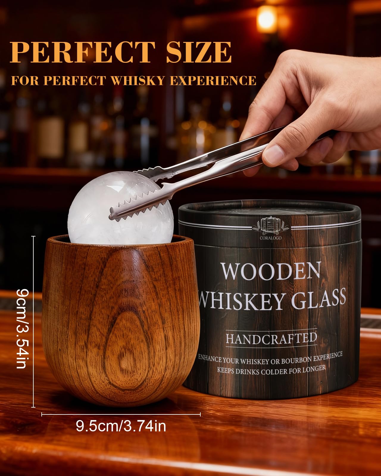 Coralogo handcrafted wooden whiskey cup offers rustic style and durable, break-resistant use.