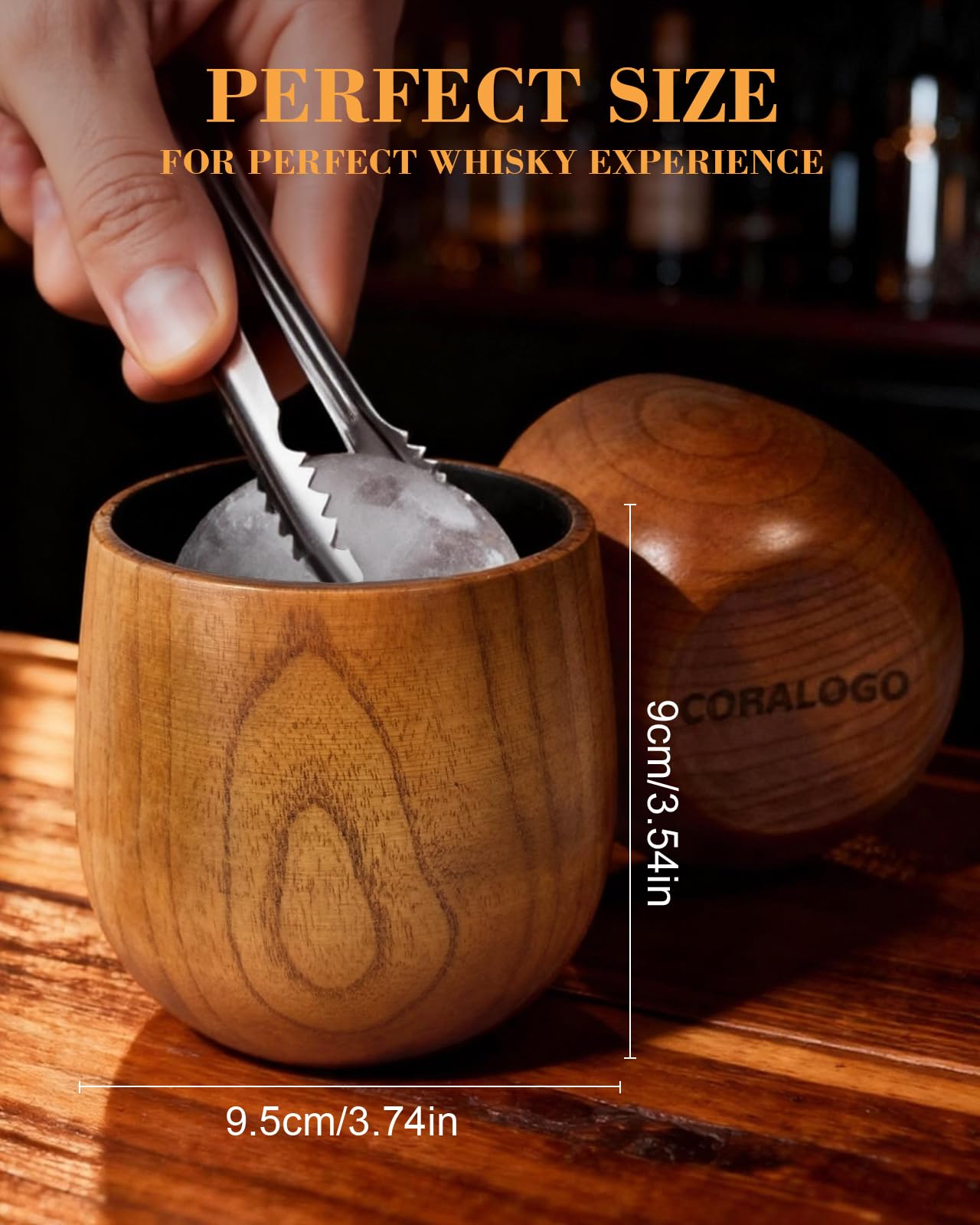 Coralogo wooden bourbon glass beside barrel-design gift box, ideal for gifting