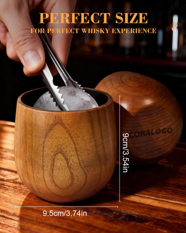 Coralogo wooden bourbon glass beside barrel-design gift box, ideal for gifting